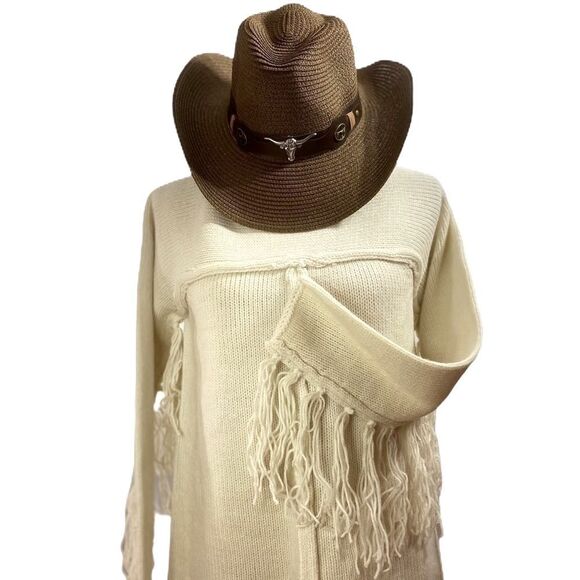 Ivory Long Sleeve Tassel Fringe Western Wool Knit Sweater NEW - Picture 1 of 6